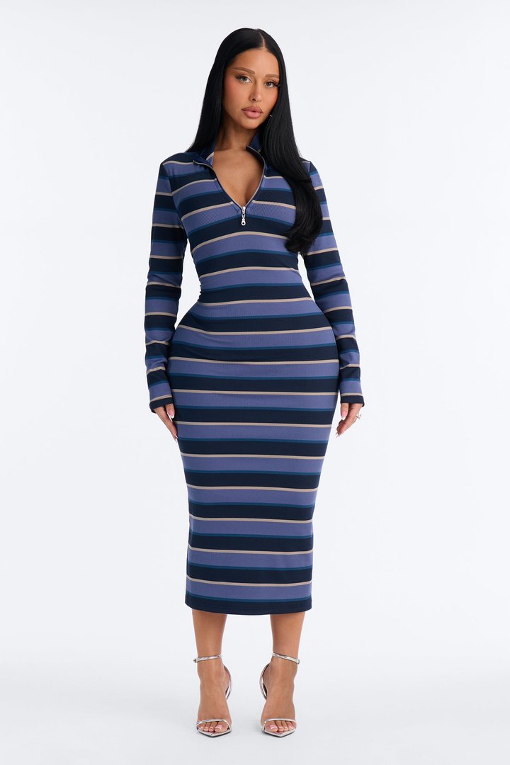 Casual Charm Striped Ribbed Midi Dress - Blue/combo