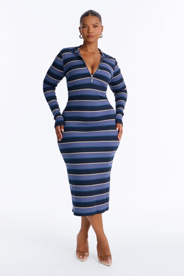 Casual Charm Striped Ribbed Midi Dress - Blue/combo