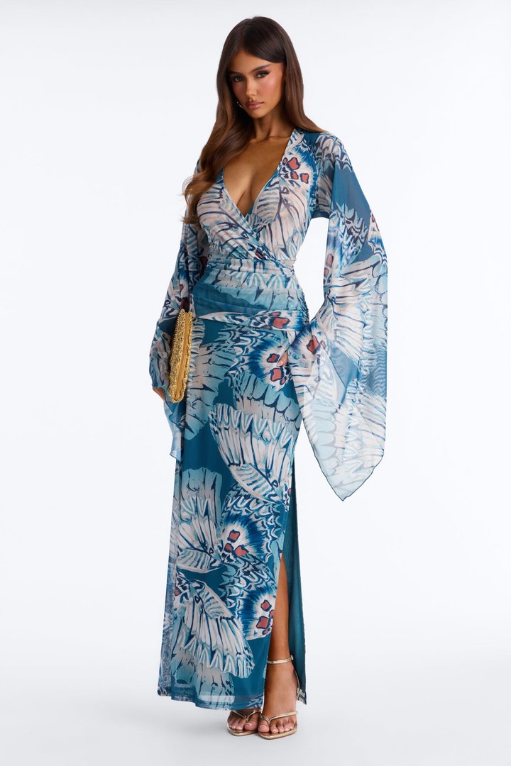 Miss Trendsetter Long Sleeve Mesh Maxi Dress - Blue/combo