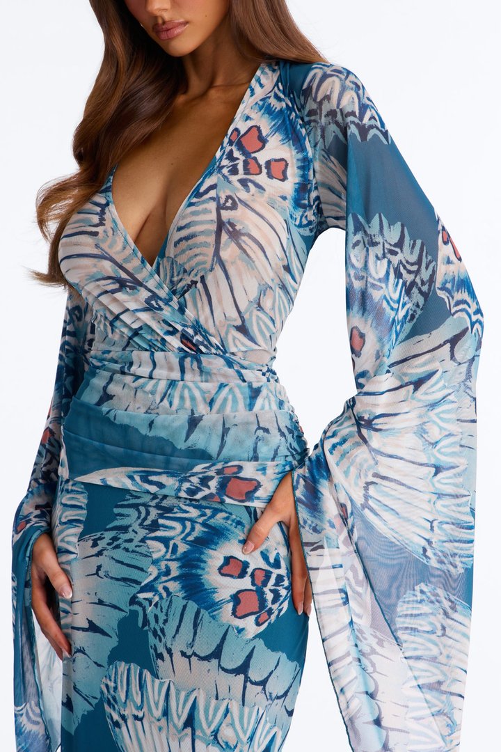Miss Trendsetter Long Sleeve Mesh Maxi Dress - Blue/combo