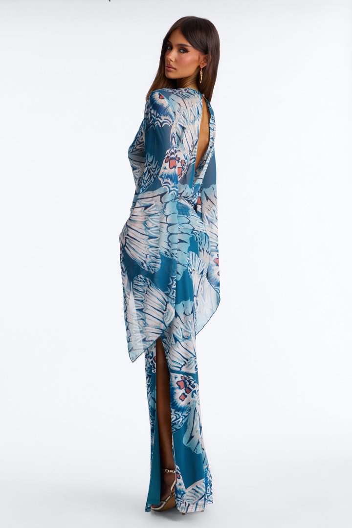 Miss Trendsetter Long Sleeve Mesh Maxi Dress - Blue/combo