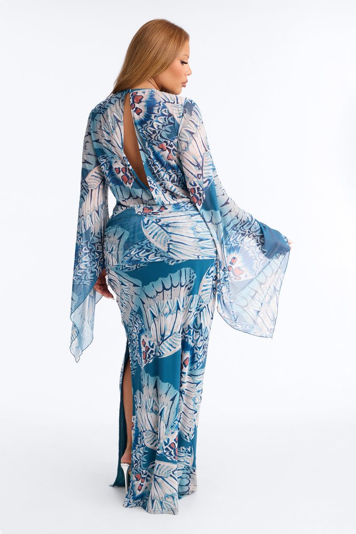 Miss Trendsetter Long Sleeve Mesh Maxi Dress - Blue/combo