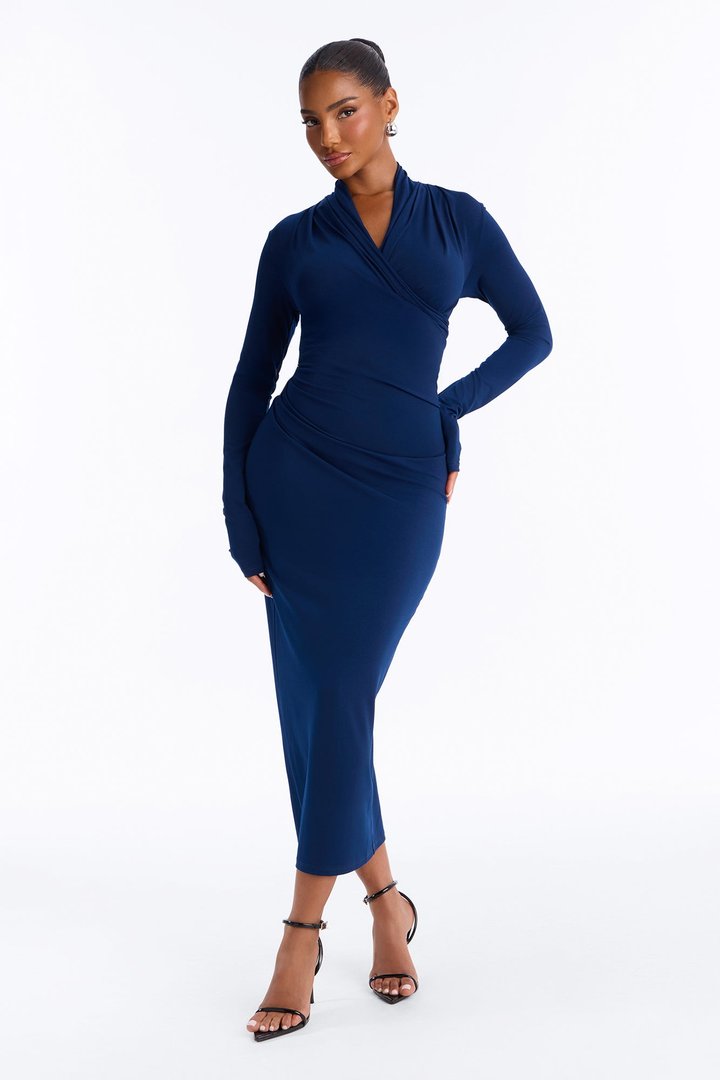 Feminine Edge Criss Cross Midi Dress - Navy