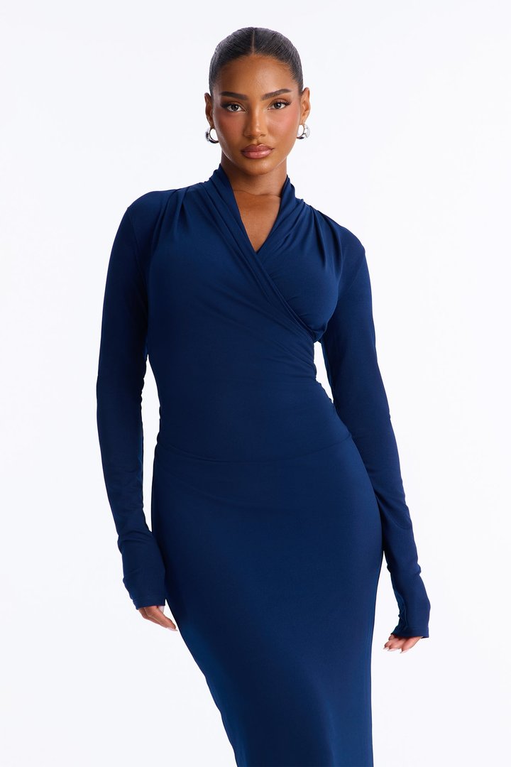 Feminine Edge Criss Cross Midi Dress - Navy