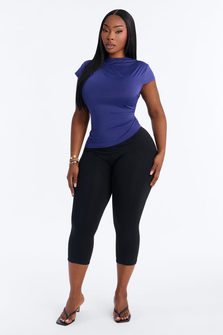 Ines Asymmetrical Ruched High Neck Top - Navy
