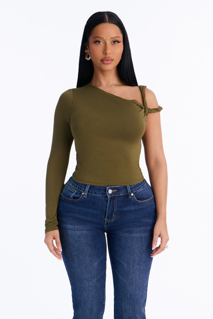 Kendra One Shoulder Long Sleeve Top - Olive