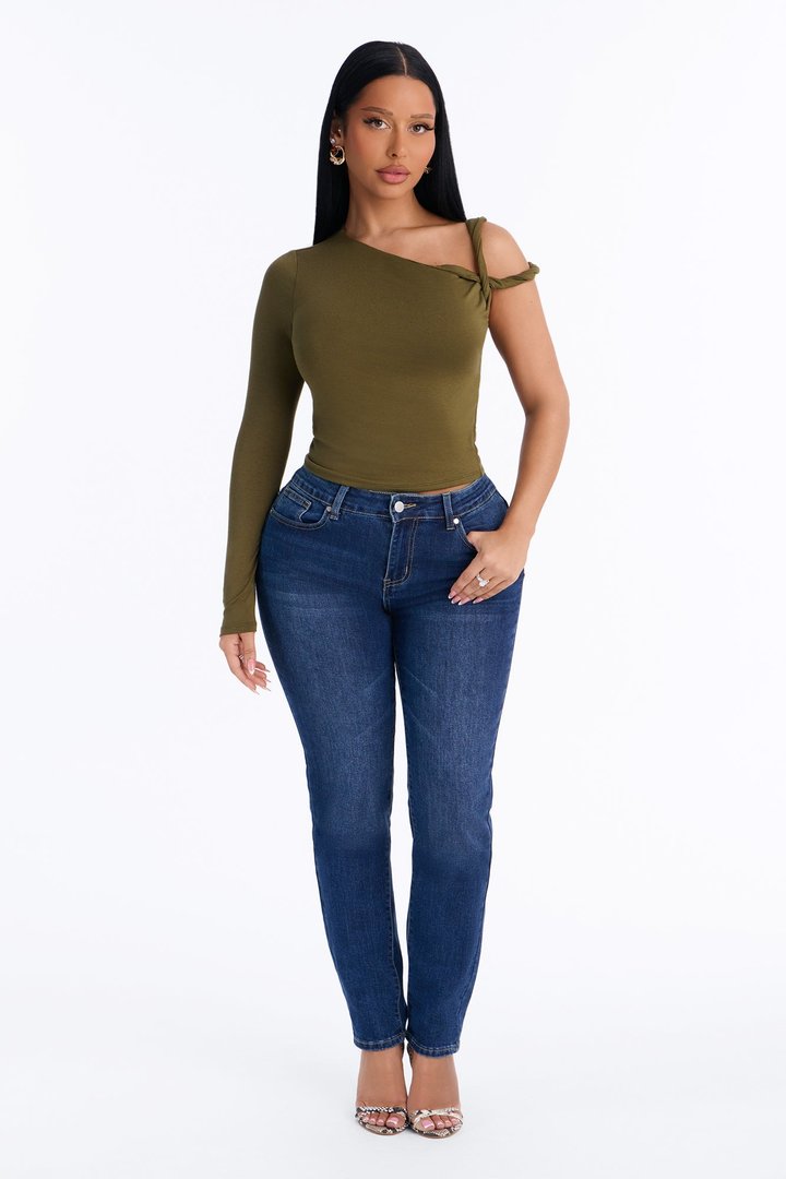 Kendra One Shoulder Long Sleeve Top - Olive