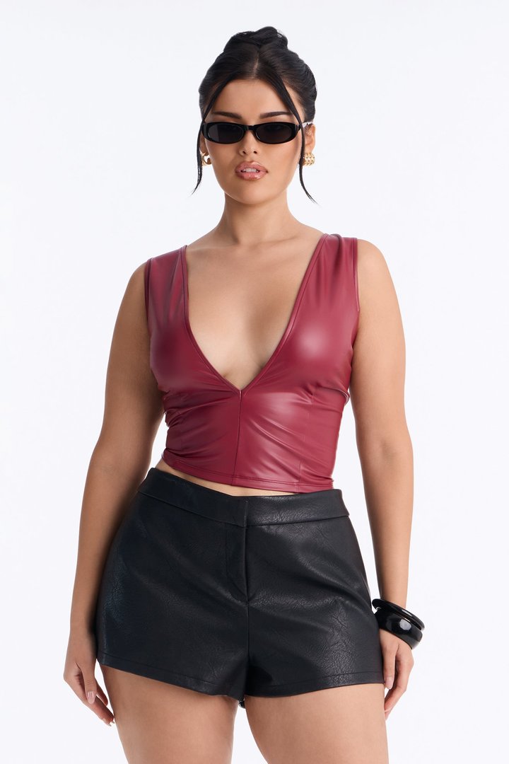 Angelina Faux Leather Top - DarkRed