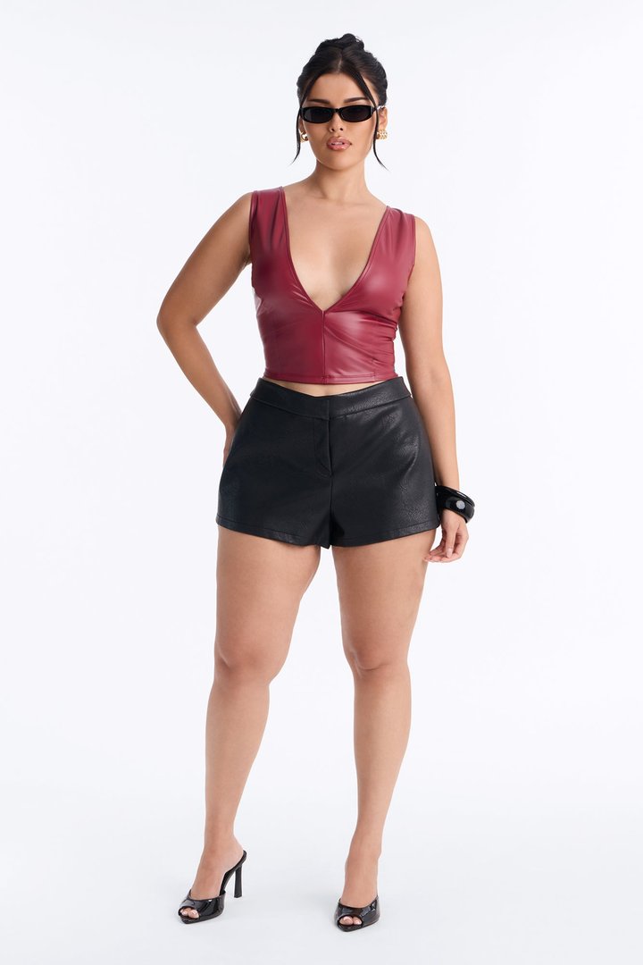 Angelina Faux Leather Top - DarkRed
