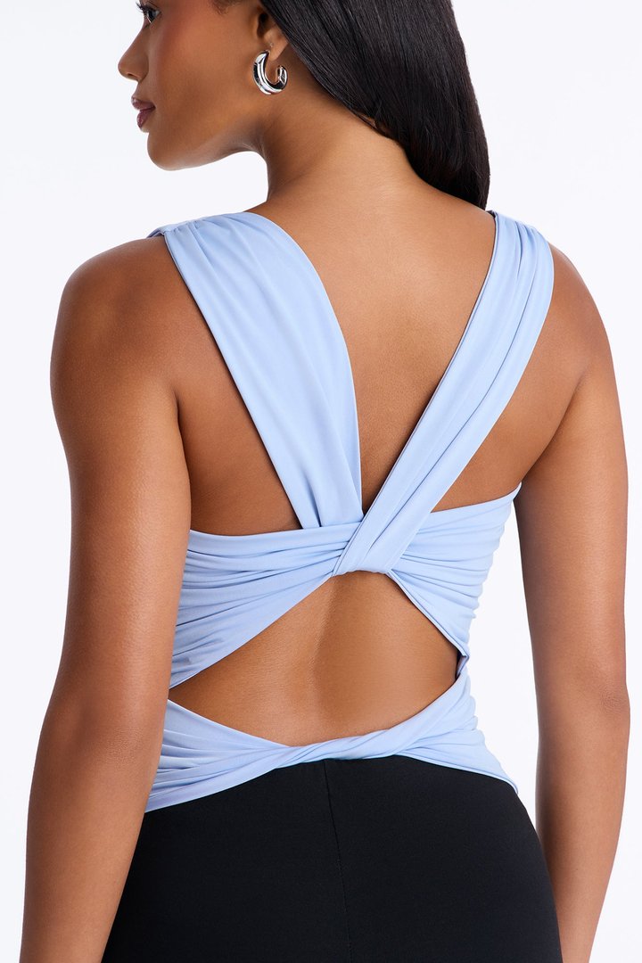 Sabrina Cowl Neck Back Cut Out Sleeveless Top - Blue