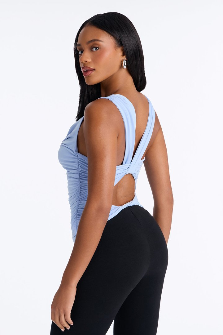 Sabrina Cowl Neck Back Cut Out Sleeveless Top - Blue