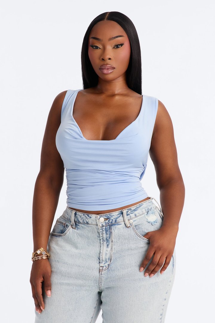 Sabrina Cowl Neck Back Cut Out Sleeveless Top - Blue