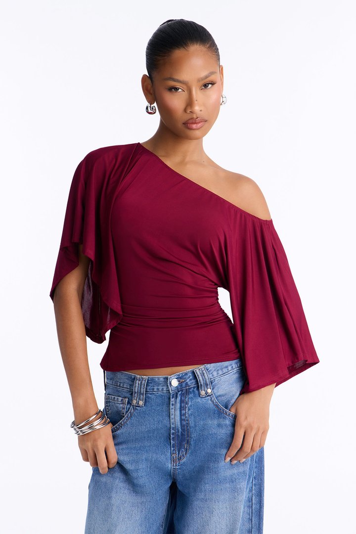 Cierra Cinched Waist Short Sleeve Top - Burgundy