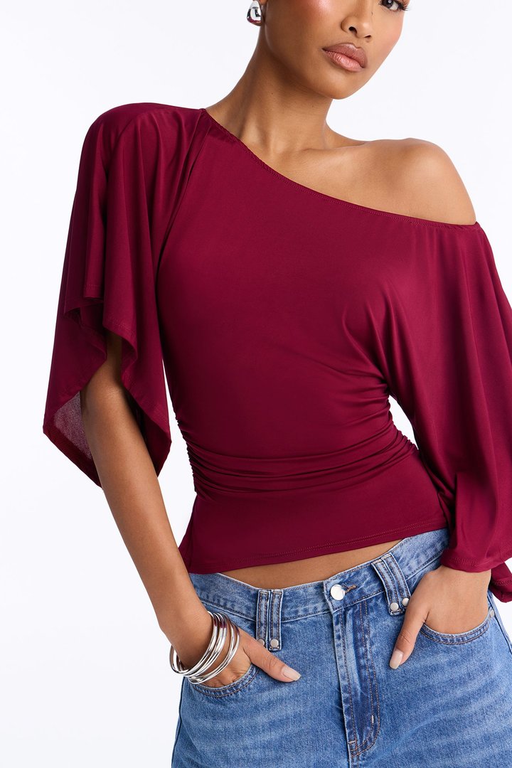 Cierra Cinched Waist Short Sleeve Top - Burgundy