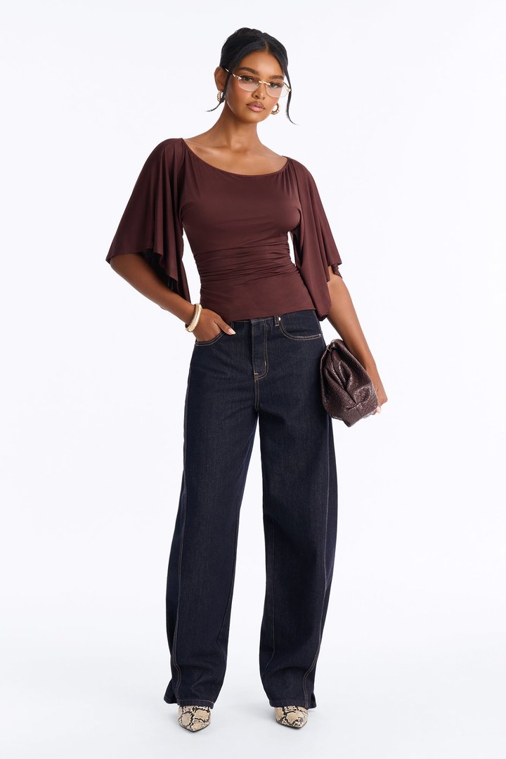Cierra Cinched Waist Short Sleeve Top - Chocolate