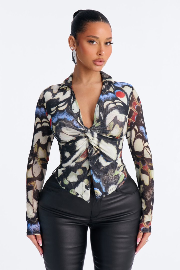 Alondra Abstract Mesh Long Sleeve Shirt - Black/combo