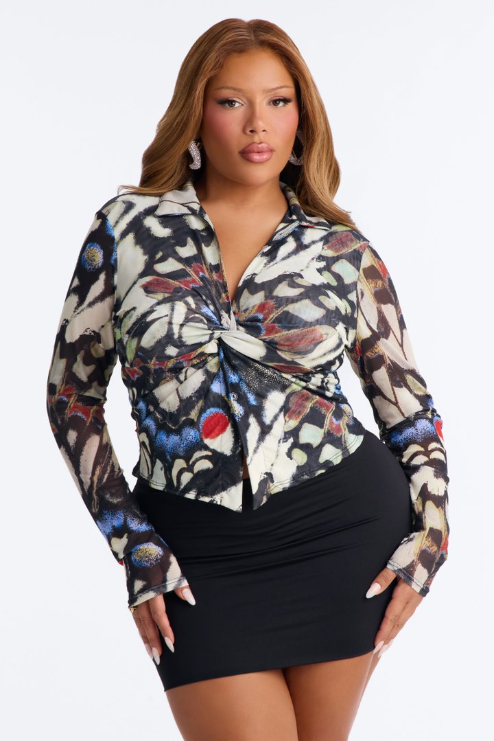 Alondra Abstract Mesh Long Sleeve Shirt - Black/combo