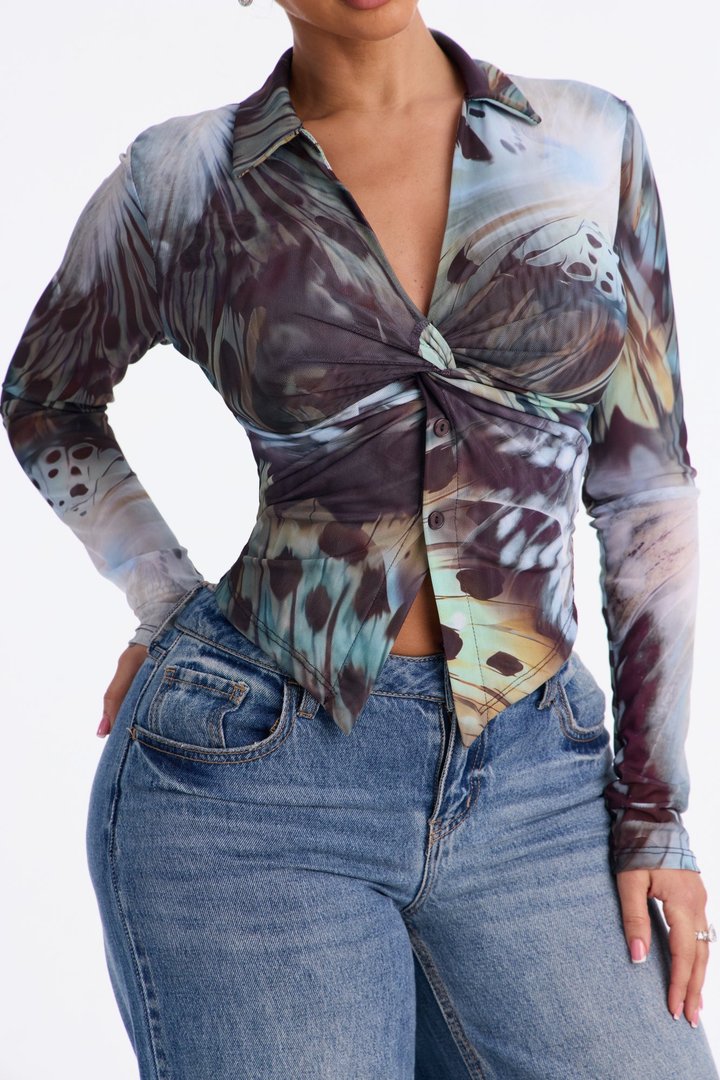 Alondra Abstract Mesh Long Sleeve Shirt - Blue/combo