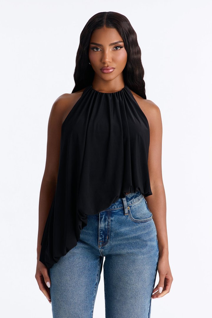 Selena Ruched Asymmetrical Halter Top - Black