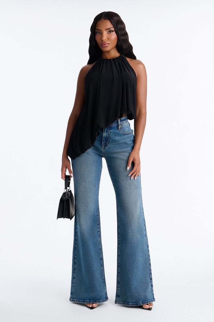 Selena Ruched Asymmetrical Halter Top - Black
