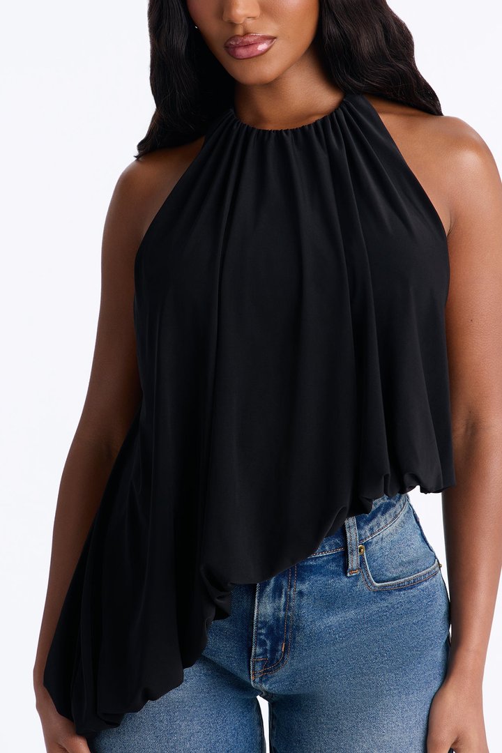 Selena Ruched Asymmetrical Halter Top - Black
