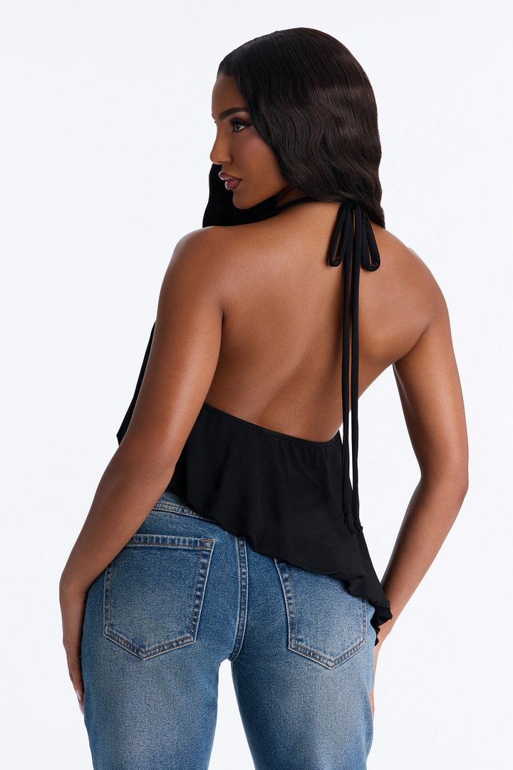 Selena Ruched Asymmetrical Halter Top - Black