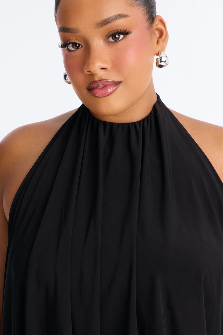 Selena Ruched Asymmetrical Halter Top - Black