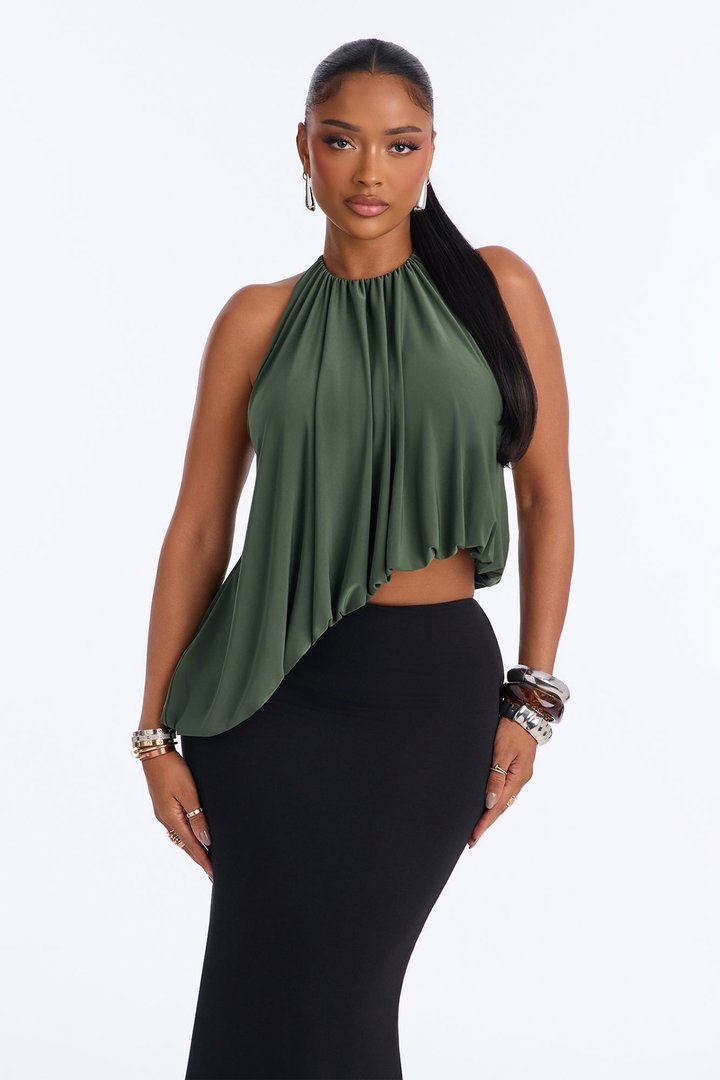 Selena Ruched Asymmetrical Halter Top - Olive