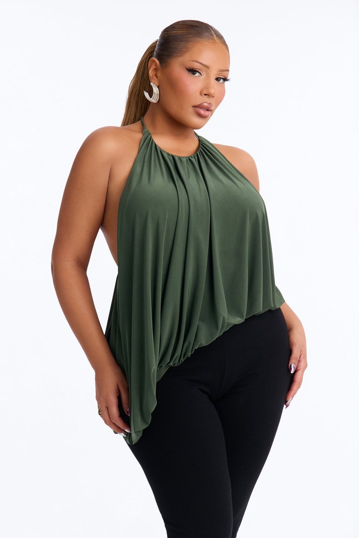Selena Ruched Asymmetrical Halter Top - Olive