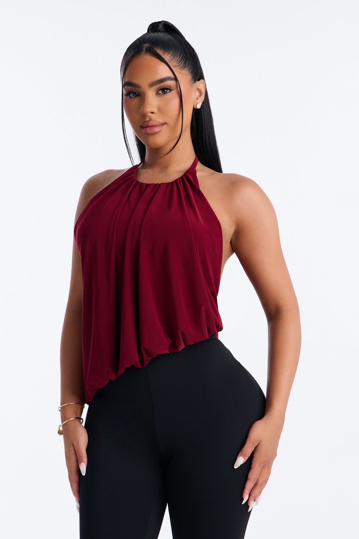 Selena Ruched Asymmetrical Halter Top - Wine
