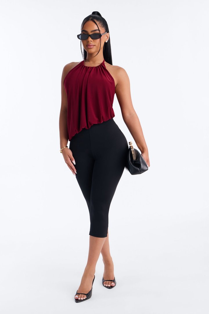 Selena Ruched Asymmetrical Halter Top - Wine