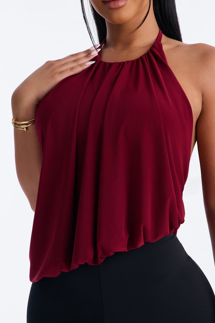 Selena Ruched Asymmetrical Halter Top - Wine