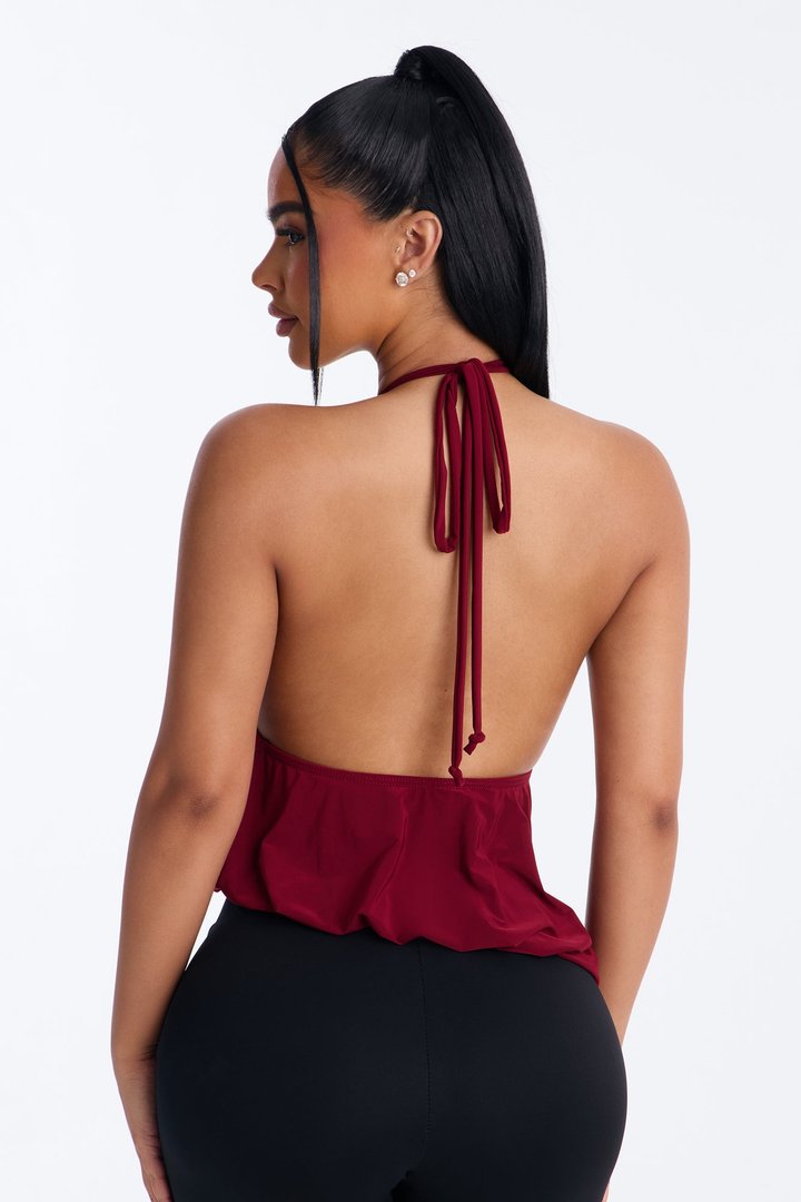 Selena Ruched Asymmetrical Halter Top - Wine