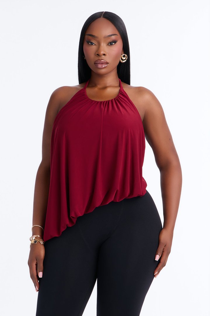 Selena Ruched Asymmetrical Halter Top - Wine