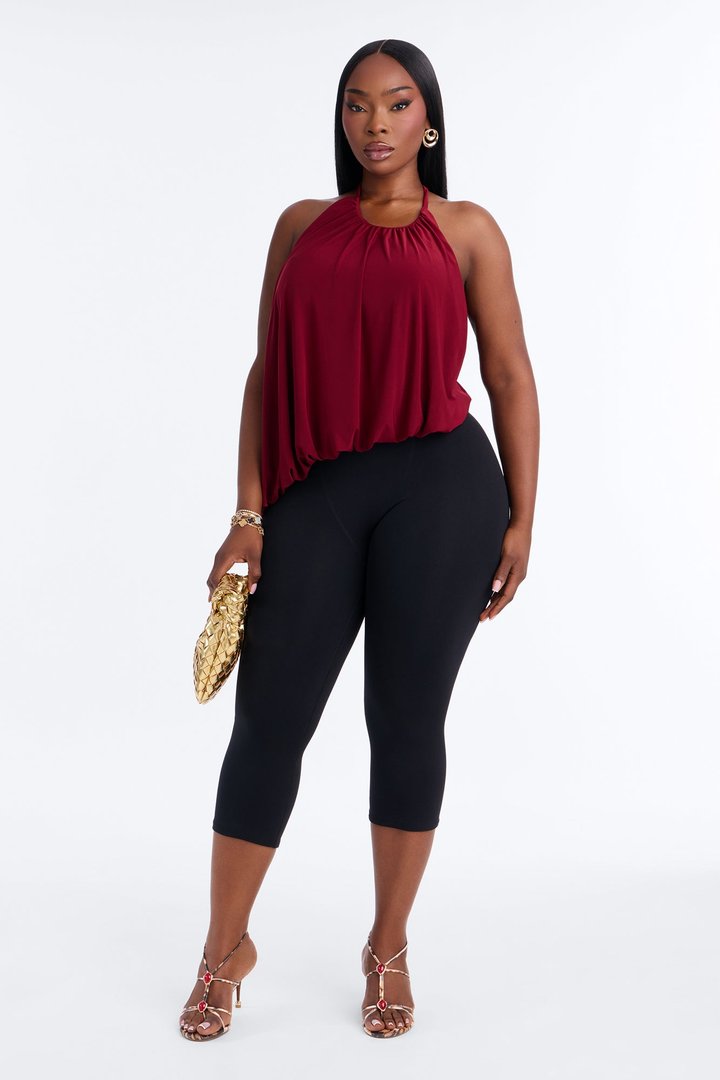 Selena Ruched Asymmetrical Halter Top - Wine