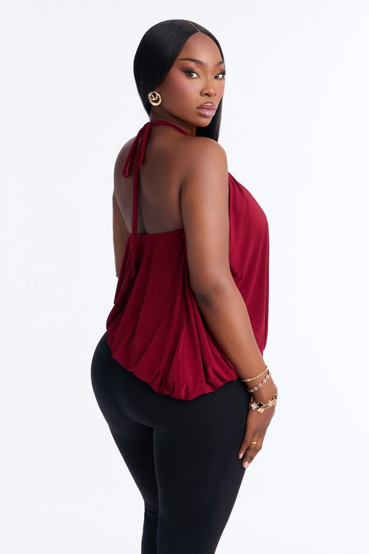 Selena Ruched Asymmetrical Halter Top - Wine