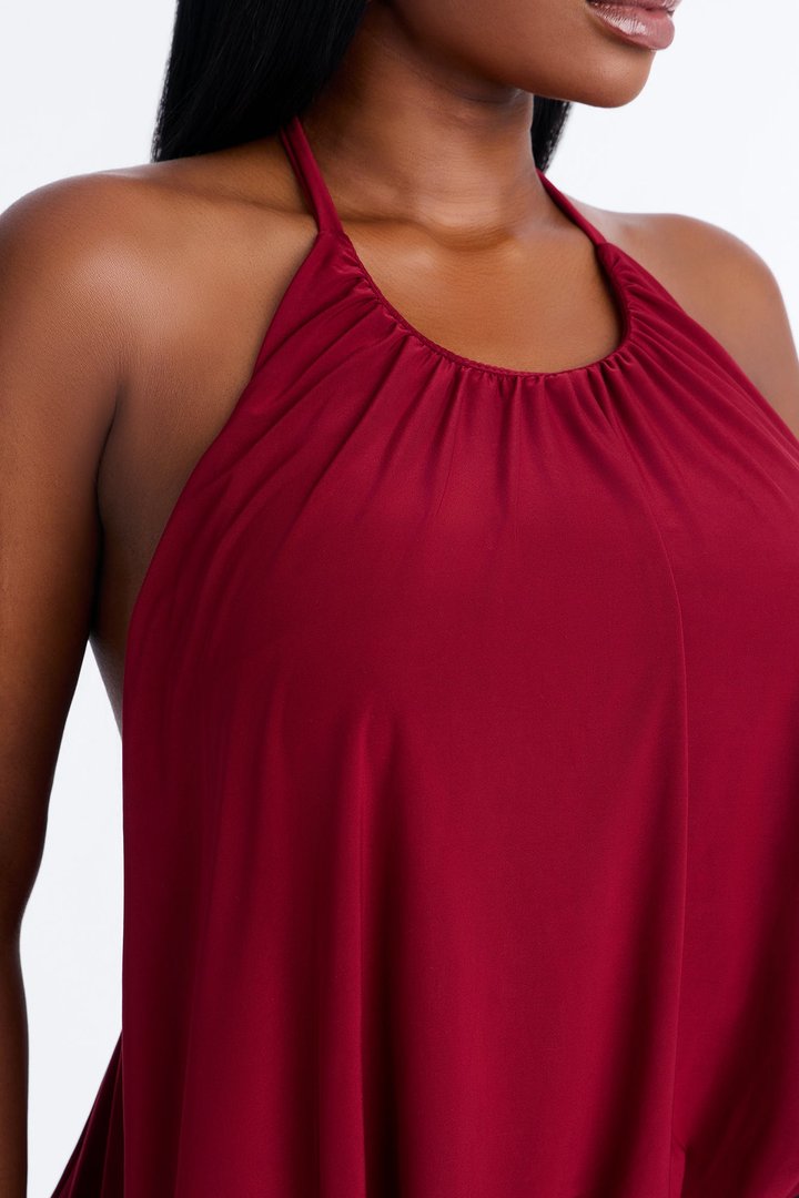 Selena Ruched Asymmetrical Halter Top - Wine