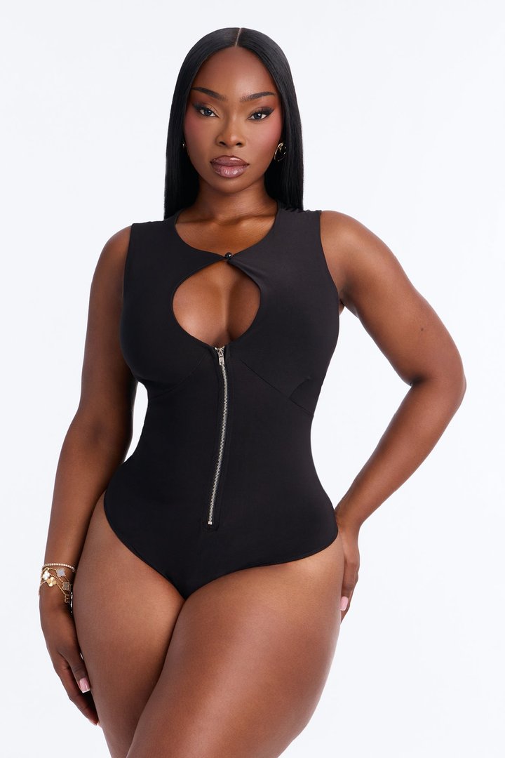 London Cut Out Zipper Sleeveless Bodysuit - Black