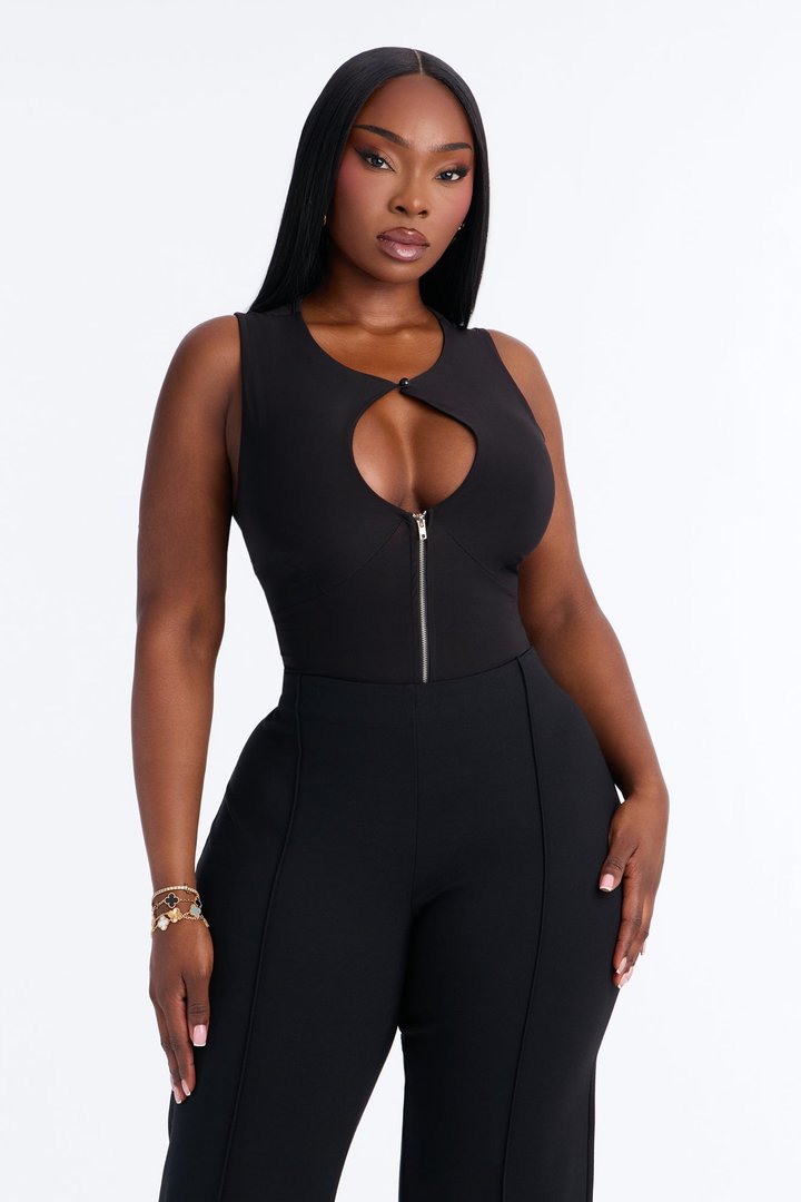 London Cut Out Zipper Sleeveless Bodysuit - Black