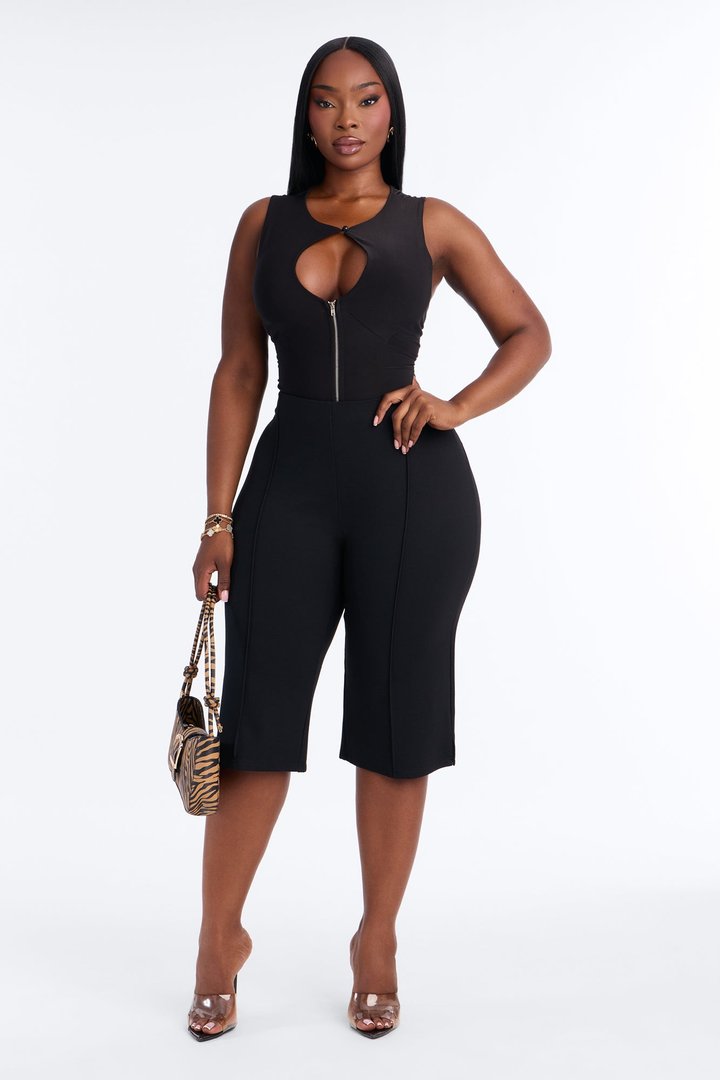 London Cut Out Zipper Sleeveless Bodysuit - Black