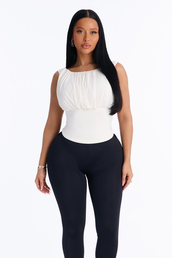 Layla Ruched Boat Neck Sleeveless Top - Ivory