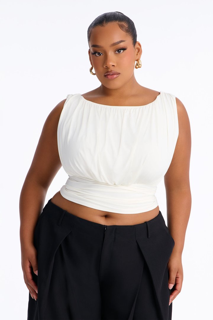 Layla Ruched Boat Neck Sleeveless Top - Ivory