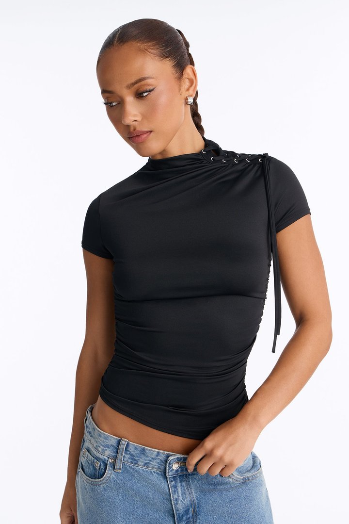 No Innocence Lace Up Mock Neck Top - Black