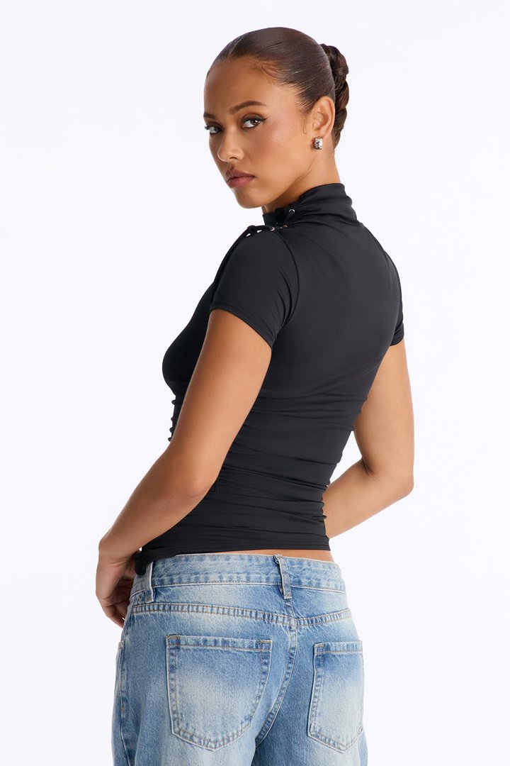 No Innocence Lace Up Mock Neck Top - Black