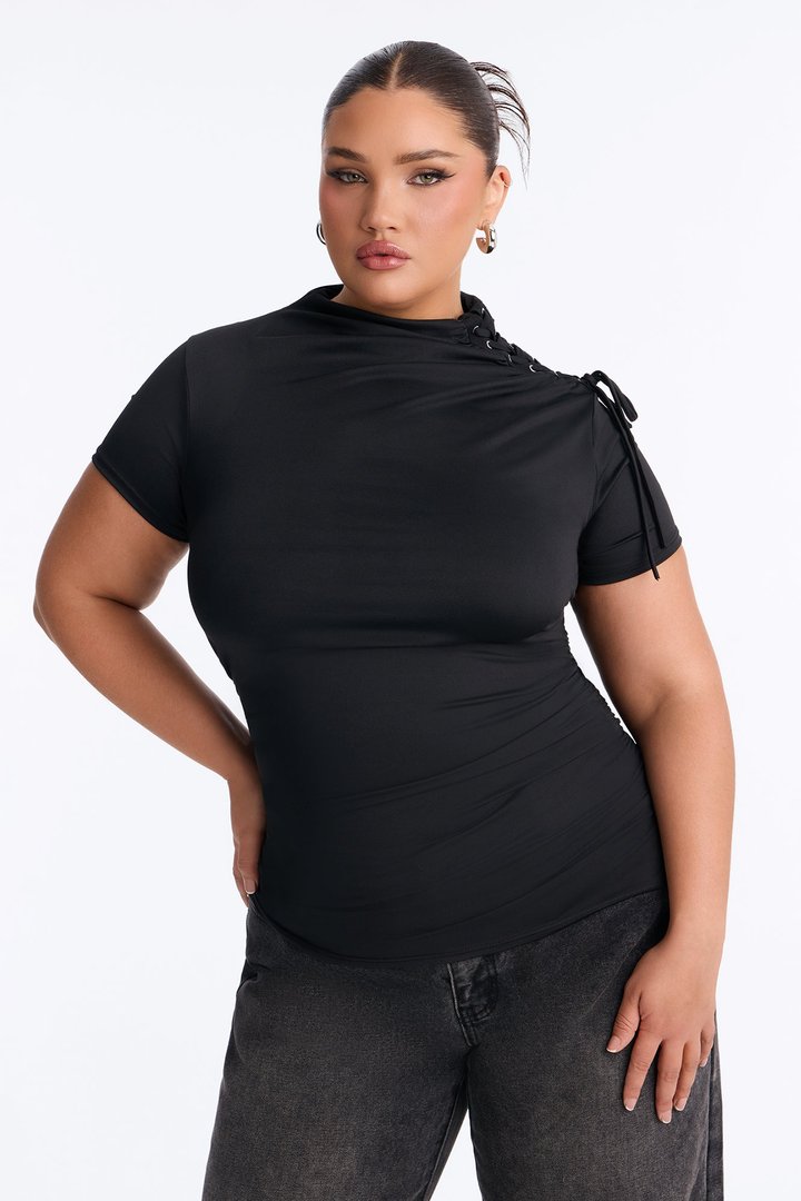 No Innocence Lace Up Mock Neck Top - Black