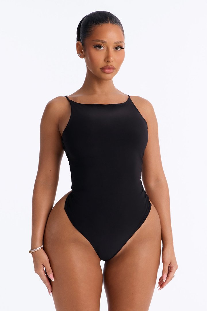 Juliana Ruched Boat Neck Sleeveless Bodysuit - Black