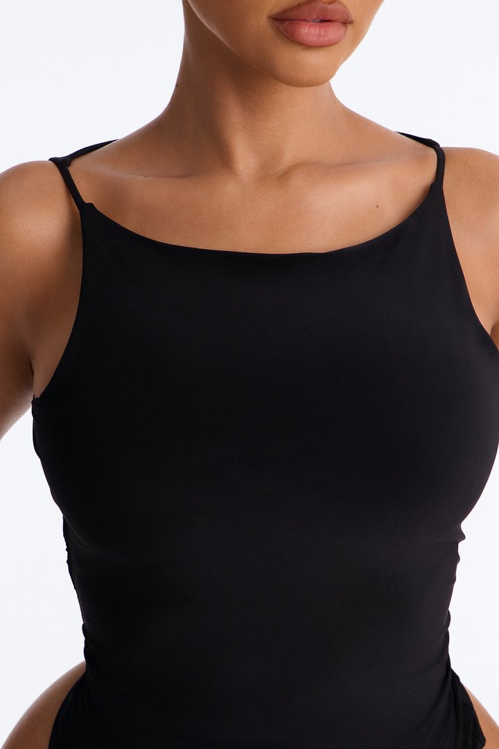 Juliana Ruched Boat Neck Sleeveless Bodysuit - Black