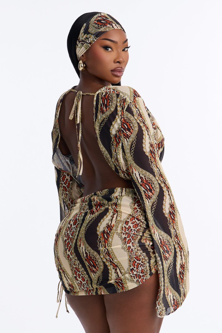 On Miami Time Mesh Long Sleeve Cover Up Dress & Headwrap - Brown/combo