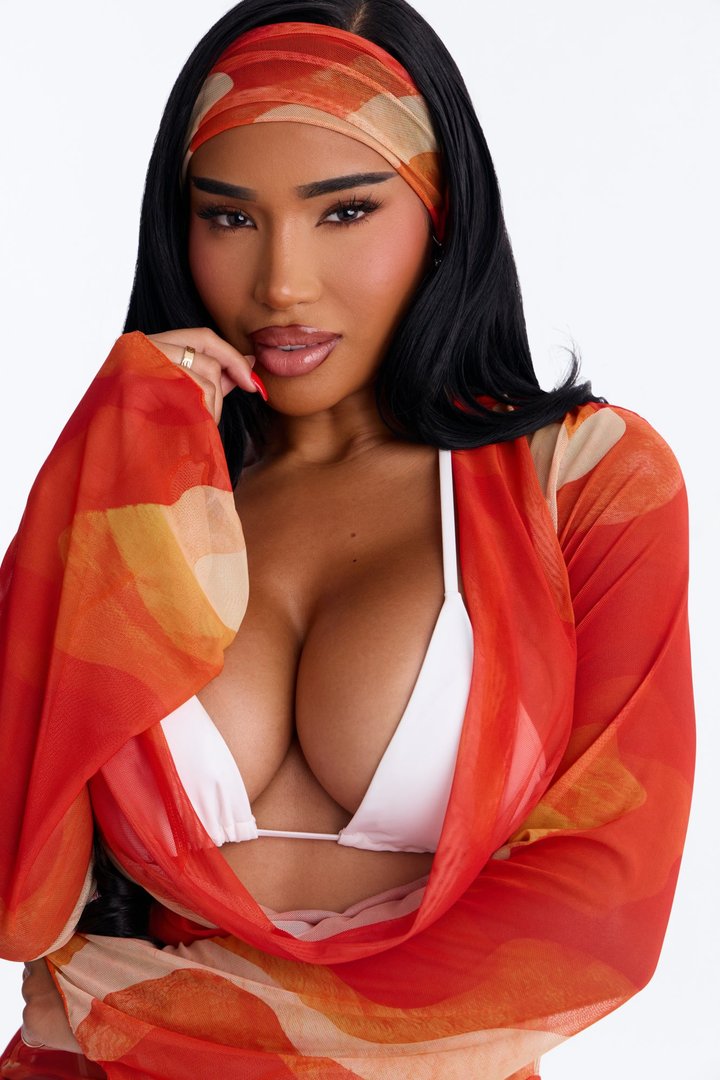 On Miami Time Mesh Long Sleeve Cover Up Dress & Headwrap - Orange/combo