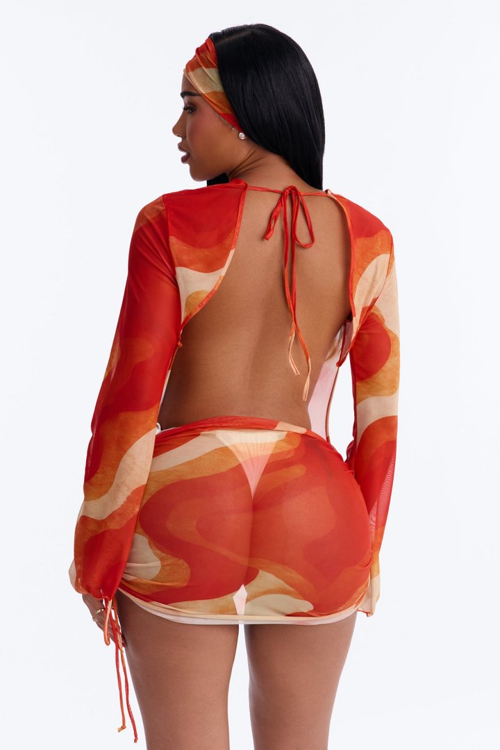 On Miami Time Mesh Long Sleeve Cover Up Dress & Headwrap - Orange/combo